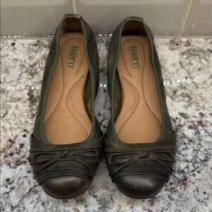 Born Olive Leather Ballet Flats with Knotted Bow